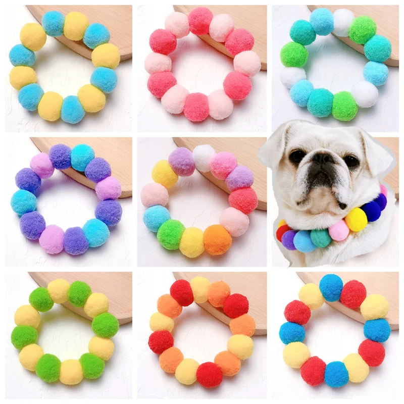 Christmas Cute Dog Cat Plush Ball Necklace Soft Elasticity Collar Pet Neck Accessories Pompom Ball Necklace Gift for Puppy Kitty