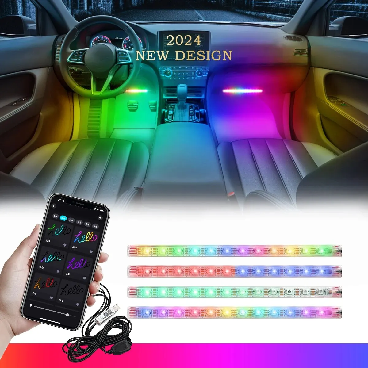 

USB Colorful LED Car Interior Foot Lights RGB Backlight Lighting Kit App Music Control Neon Auto Atmosphere Decorative Lamps