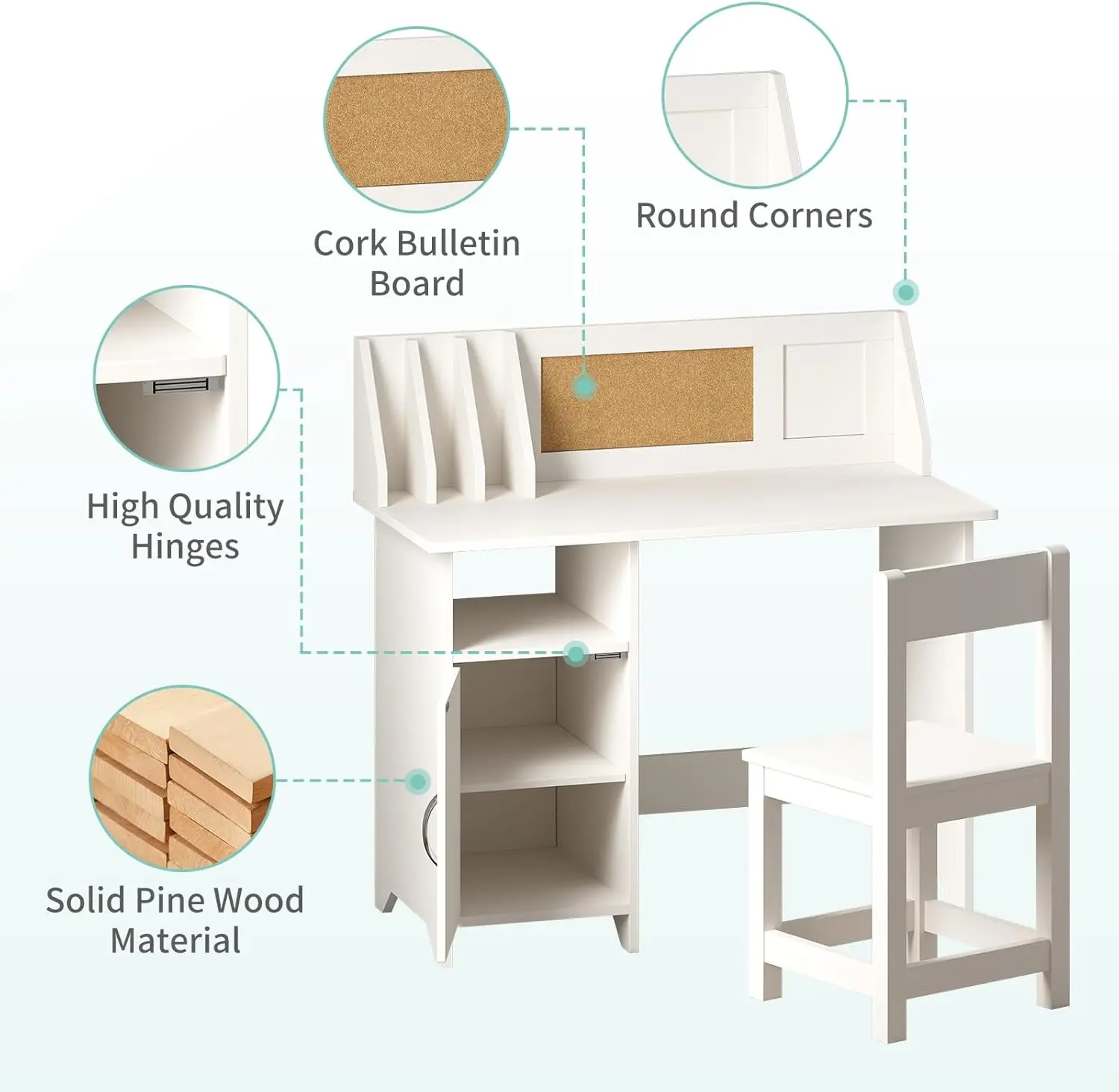 Kids Desk with Chair, Wooden Study Table for Boys and Girls, Kids Computer Desk with Storage Drawers, Hutch, Bookshelf