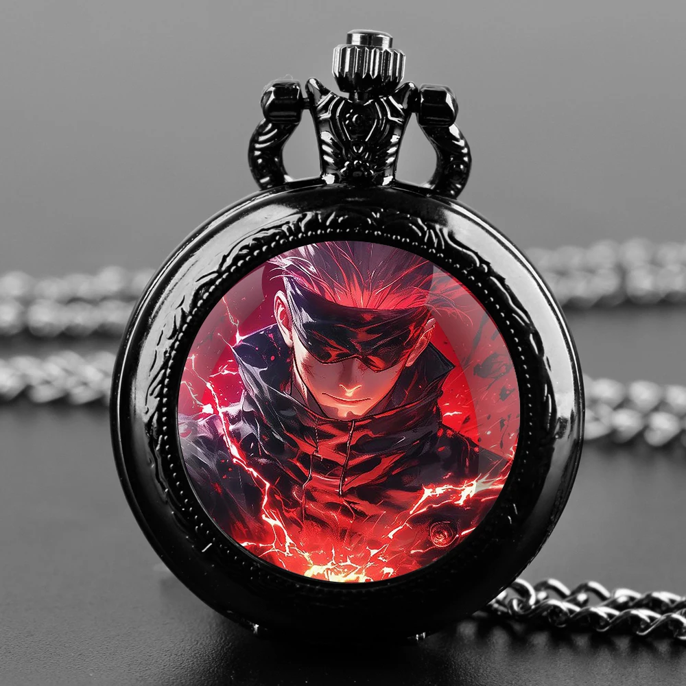 Gojo Satoru Glass Dome Pocket Watch with Chain Necklace Vintage Quartz Pendant Watches Mens Women Gift