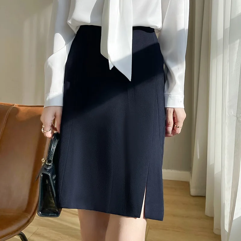 Black Skirt Women's Spring and Summer Acetate Silk Slim Mid-length One-step Skirt Split A-line Skirt Professional Suit