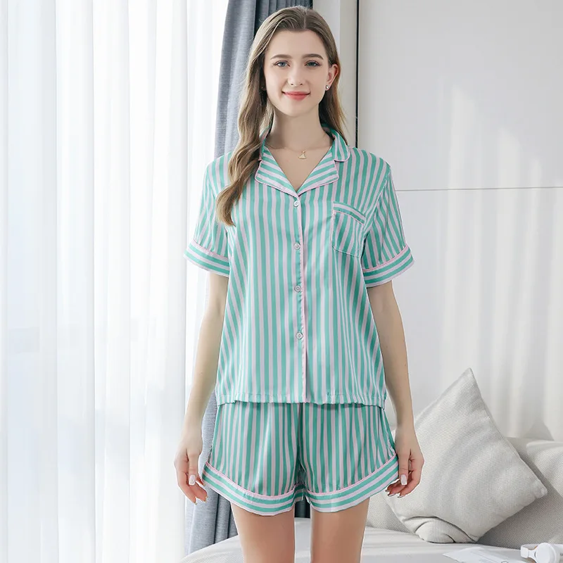 2024 Summer New Arrival Pajamas Women's Secret Same Style Green Striped Jacquard Short Sleeve Shorts Silk suit Home Clothes