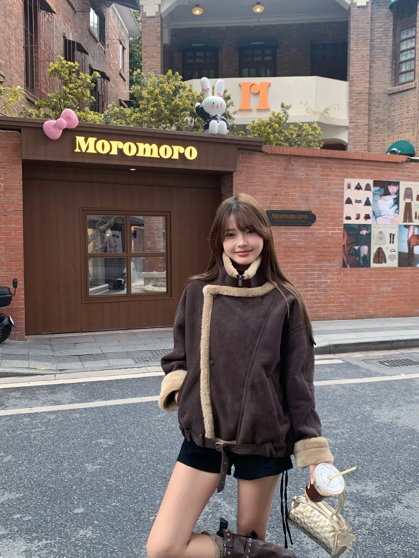 Retro American Fce Lined Suede Jaet Women's Winter New Loose Slimming Cool Motorcycle Jaet Korean Sle ort Coat