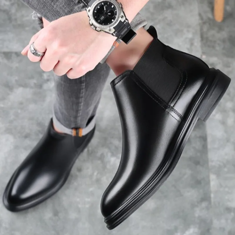 الرجال تشيلسي الأحذية الفاخرة العلامة التجارية الأحذية الجلدية موضة أحذية عالية الجودة غير رسمية للرجال وأشار الأعمال التمهيد الانزلاق على الكاحل بوتاس