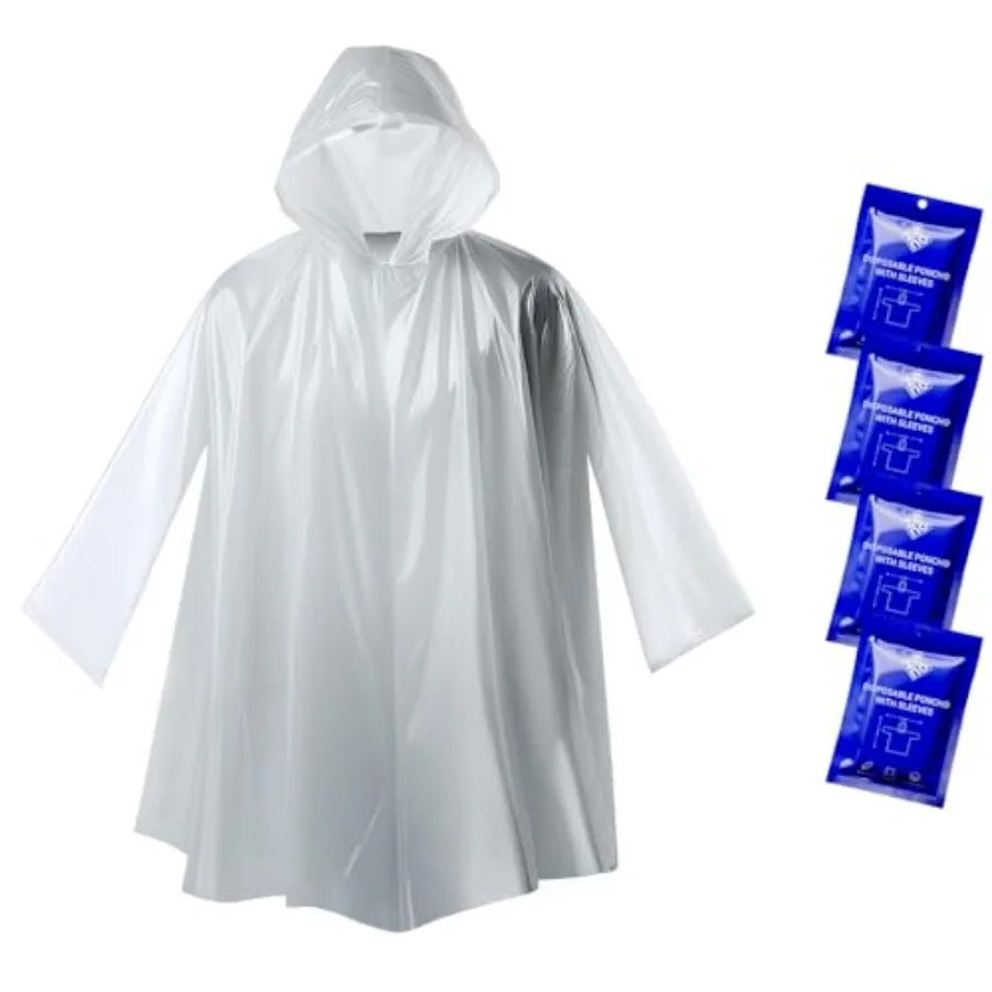 

Disposable Rain Ponchos for Adults - Clear with Hood, Compact Emergency Ponchos for Hiking, Camping, Travel - Pack of 4