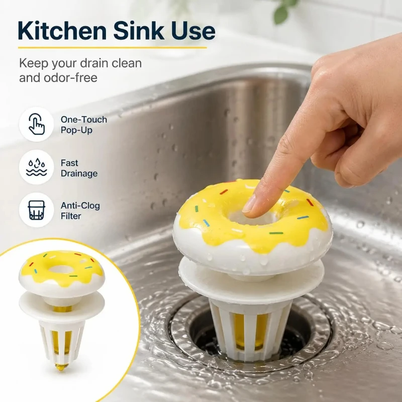 Cute Donut Shape Plastic Sink Drain Stopper Pop Up Basin Core Press Type Anti Odor Drain Plug for Bathroom Wash Basin Vanity Sin