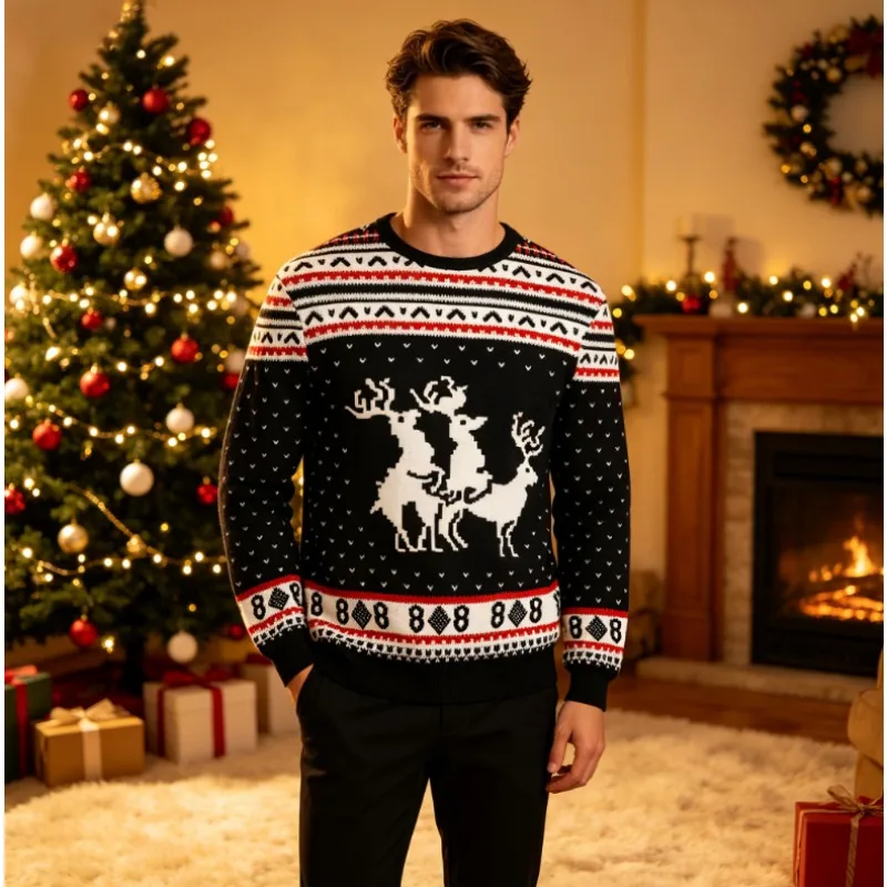 Men Women Christmas Crew Neck Funny Pixel Deer Winter Festival Knit Look Print Long Sleeve Sweatshirt Novelty Casual Pullover