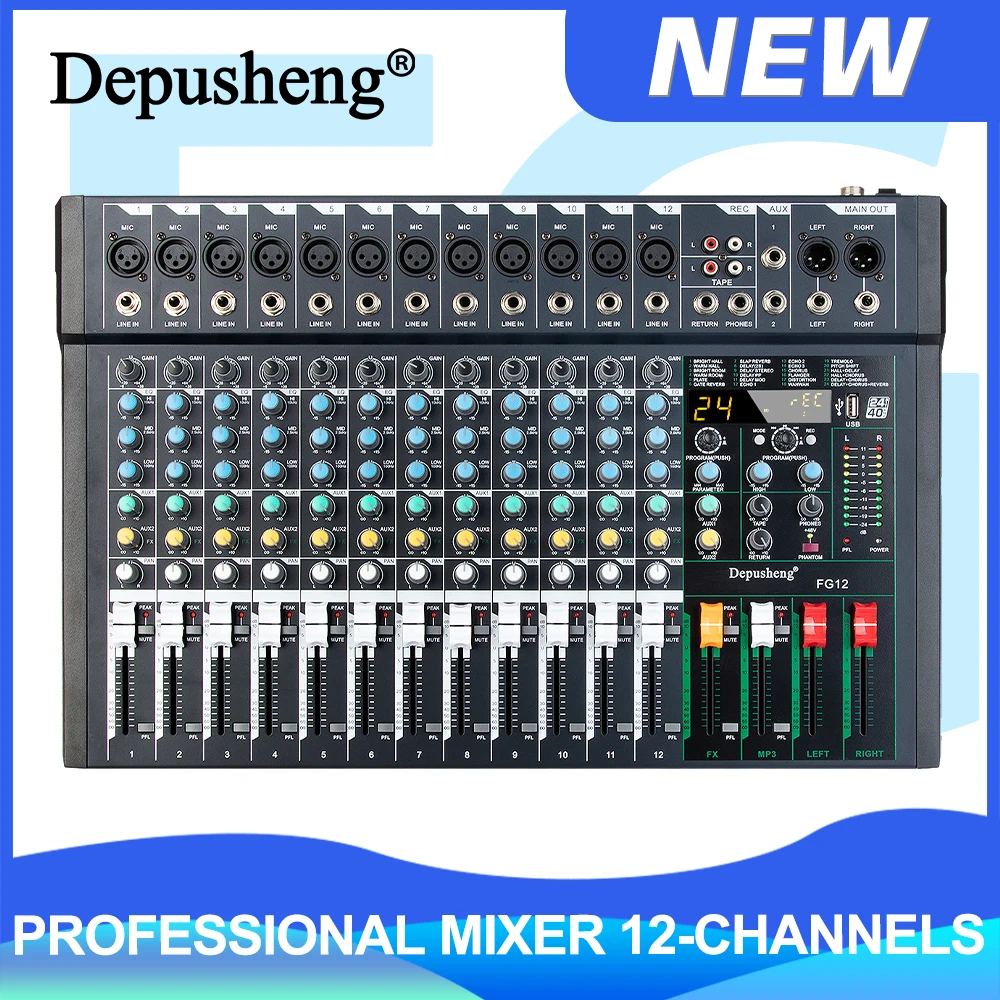 

12 Channel Audio Mixer Controller Digital Display With 99 DSP Effects For DJ Stage Depusheng FG12
