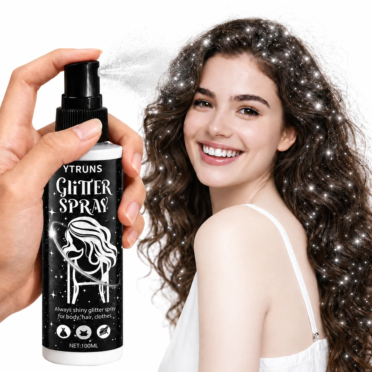 YTRUNS Silver Glitter Spray 100ml, Shimmer Glow Mist for Hair Body Clothes, Quick Dry Sparkle for Halloween Party Club