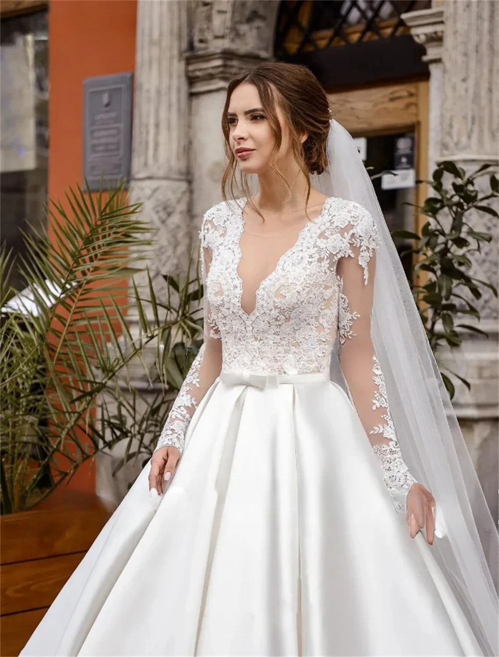 Princesa vestido de casamento para mulher com decote em v rendas apliques a linha vestidos de noiva de cetim mangas compridas até o chão vestidos de festa de casamento