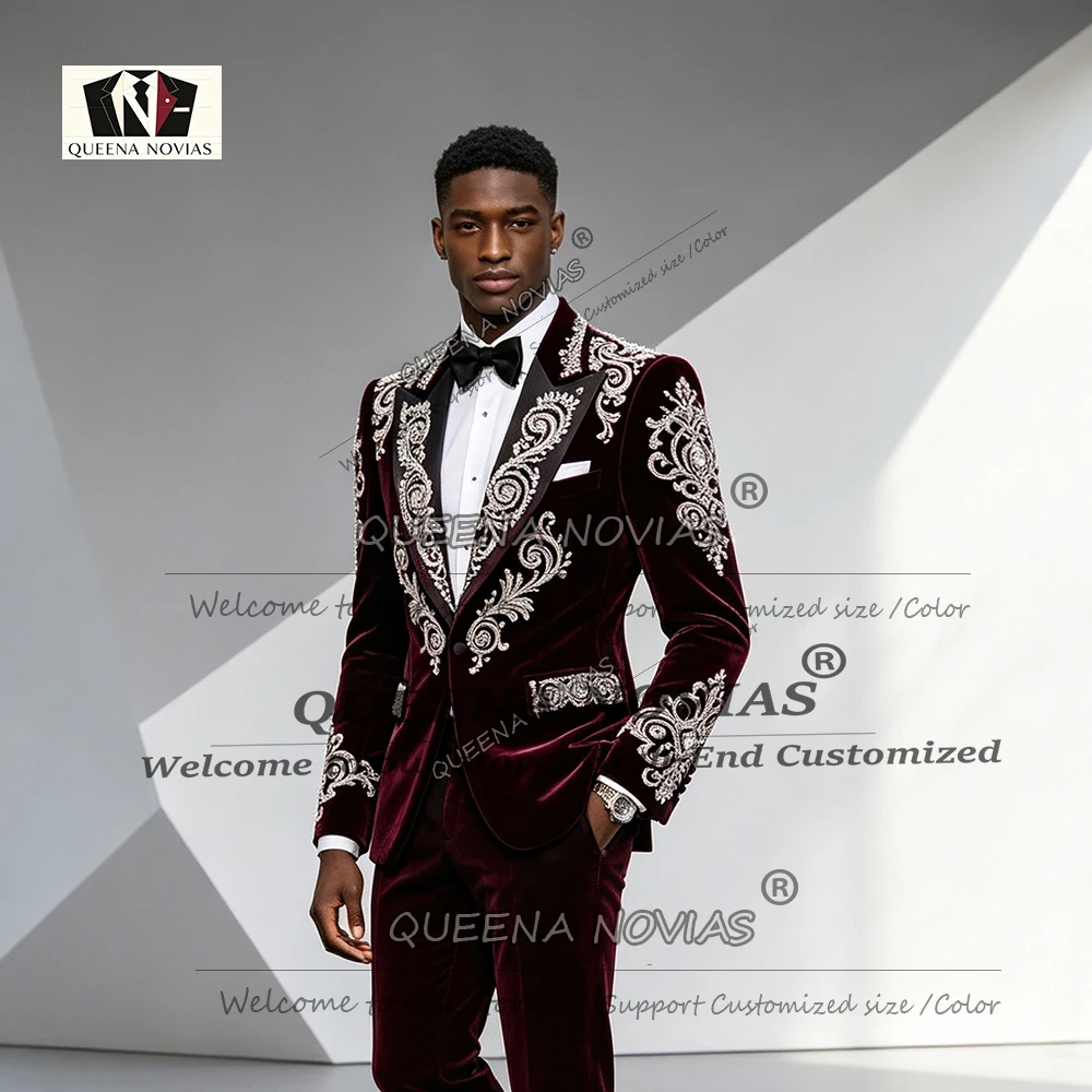 Beadwork Velvet Suit Men 2 Piece Sets Cut-Out Back Design Groom Prom Blazer Customized Man Banquet Tuxedos Trajes Para Hombre