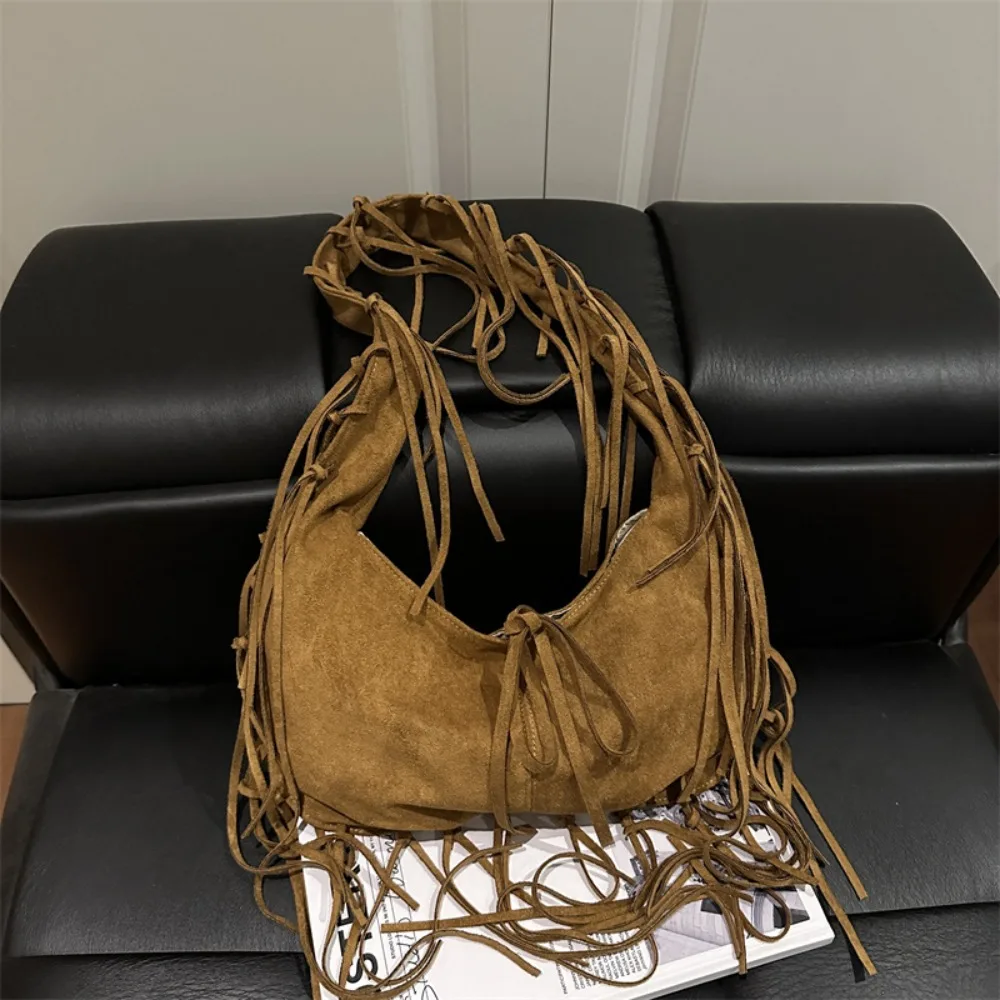 

Western Style Tassel Shoulder Bag Soft Polyester PU Leather Large Capacity Bag Simple Design Nubuck Leather Women Handbag