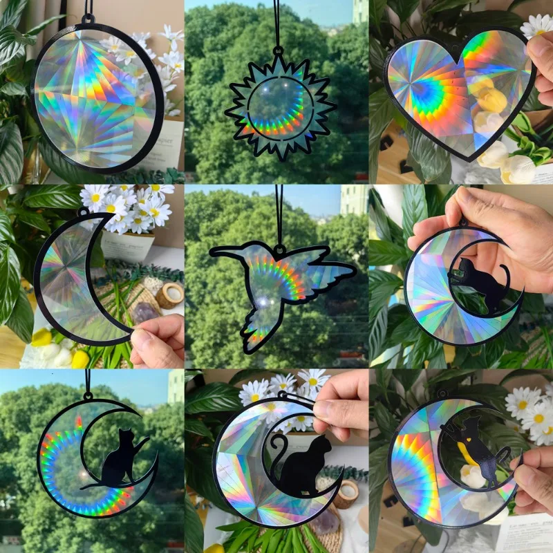 Acrylic Sun Catcher Pendant Cat Bird Heart Moon Sun Suncatcher PVC Film Hanging Decoration Rainbow Prism Maker Garden Home Decor