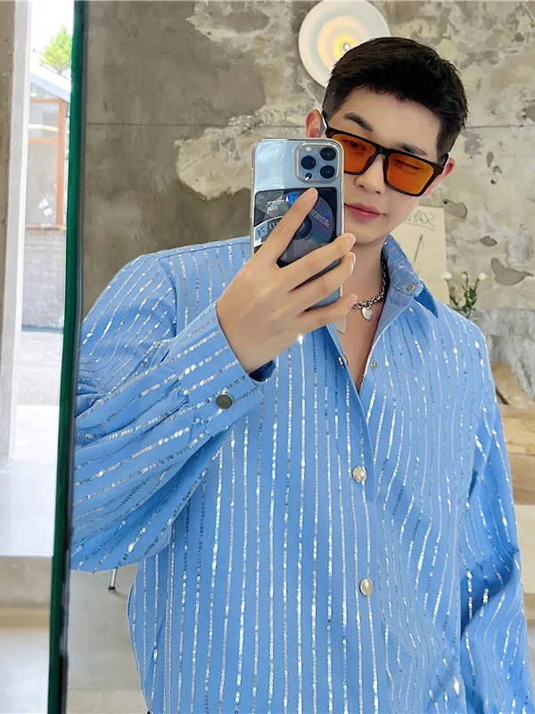 

Модная свободная мужская рубашка с длинным рукавом, блестящая, для осенних выступлений на сцене, в корейском стиле, из полиэстеровой смеси, с ярким узором