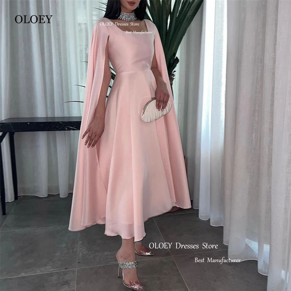 OLOEY Simple Baby Pink Silk Satin Evening Party Dresses Long Cape Sleeves Square Neck Tea Length Prom Gowns Arabic Formal Dress