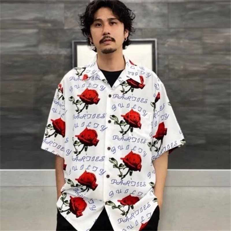 

Brand WACKO MARIA Rose Vintage Shirt Mens Womens Casual Fashion Short Sleeve Shirt Tops Summer Hawaii Shirt