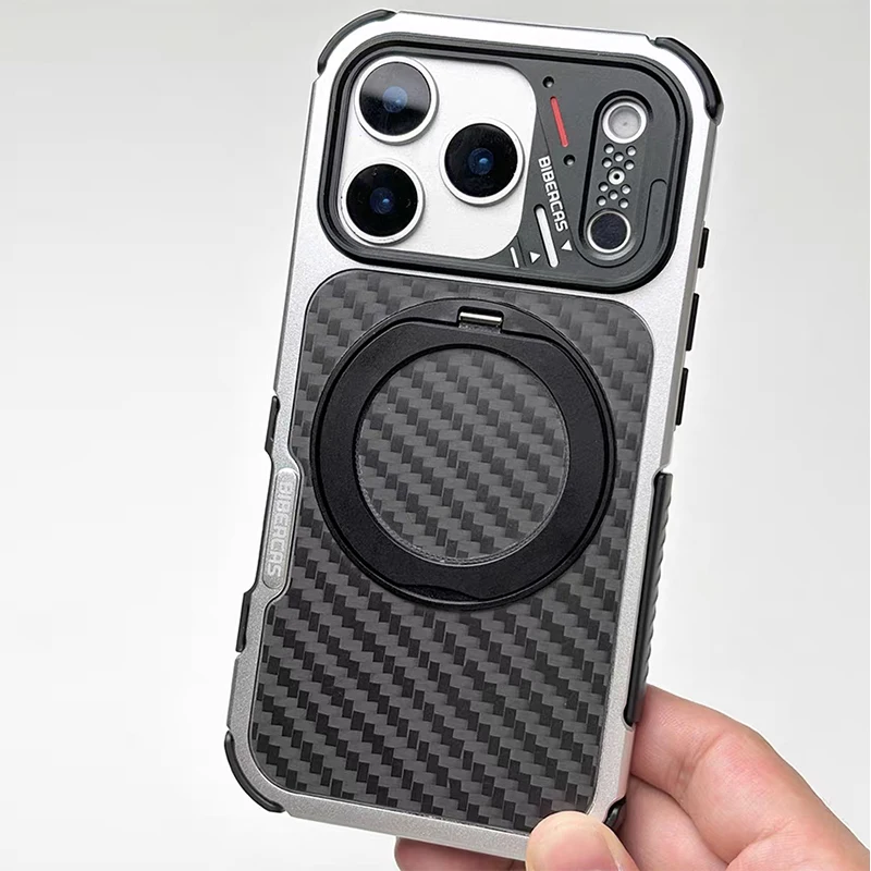 

Luxury Real Kevlar Backplate 360° Magnetic Bracket Case for IPhone 17 Pro Max 17Pro Aluminum Alloy + TPU Frame for Magsafe Cover