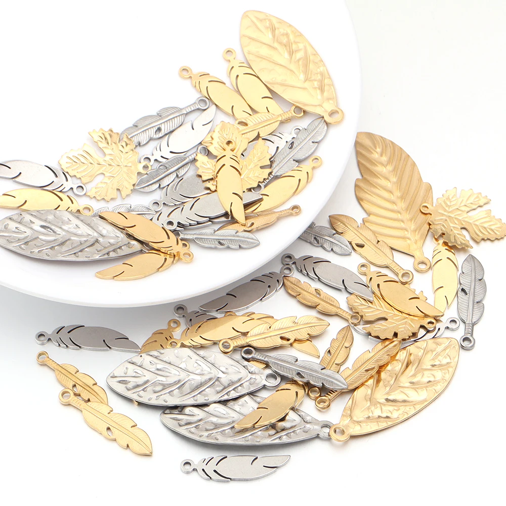 

5-10Pcs/Lot Stainless Steel Charm Pendants Leaf Feather Maple For DIY Crafts Gifts Ornament Making Handmade Finding Accessories