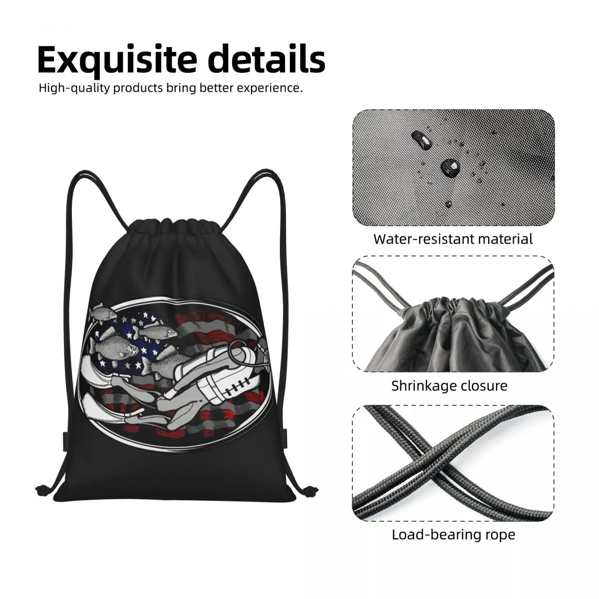 Custom Scuba Diving With Fish US Flag Drawstring Backpack Women Men Sport Gym Sackpack Portable Training Bag Sack