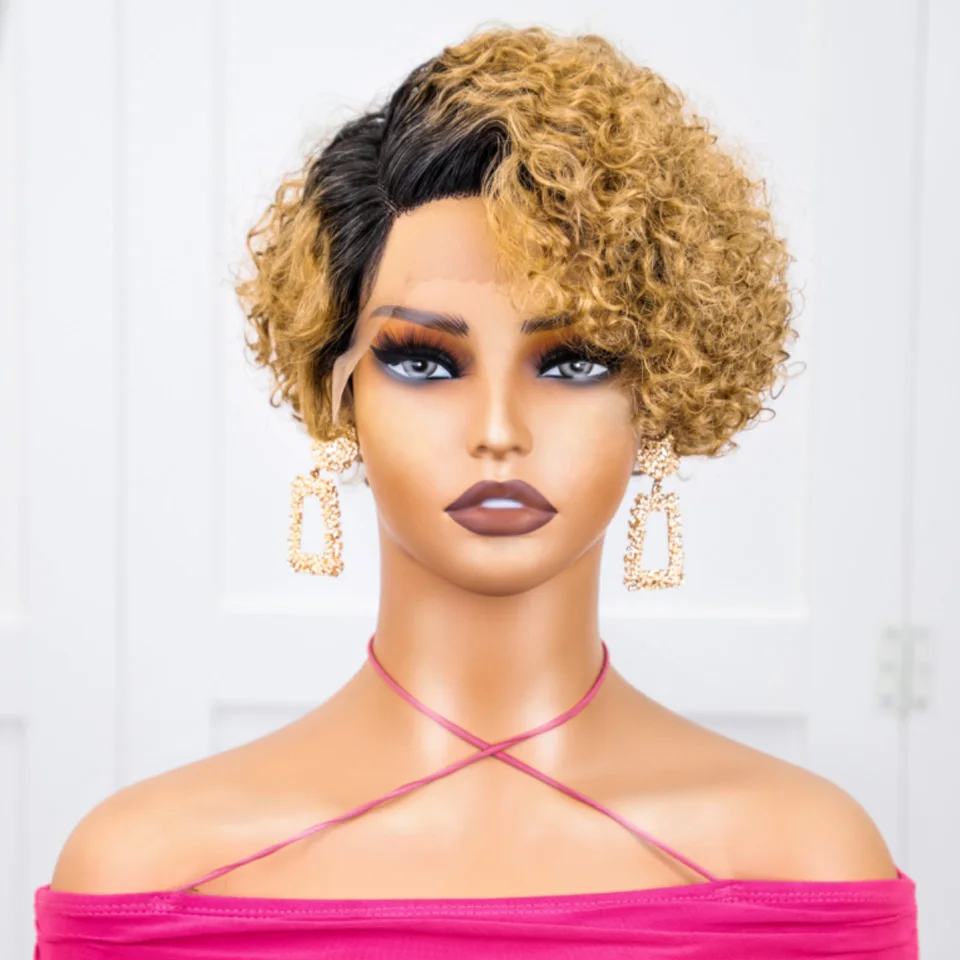 Short Bob Wig Pixie Cut Wig Curly Human Hair Wigs 13x1 Lace Front Transparent Deep Wave Lace Wig Preplucked Ombre Blonde 1B/27