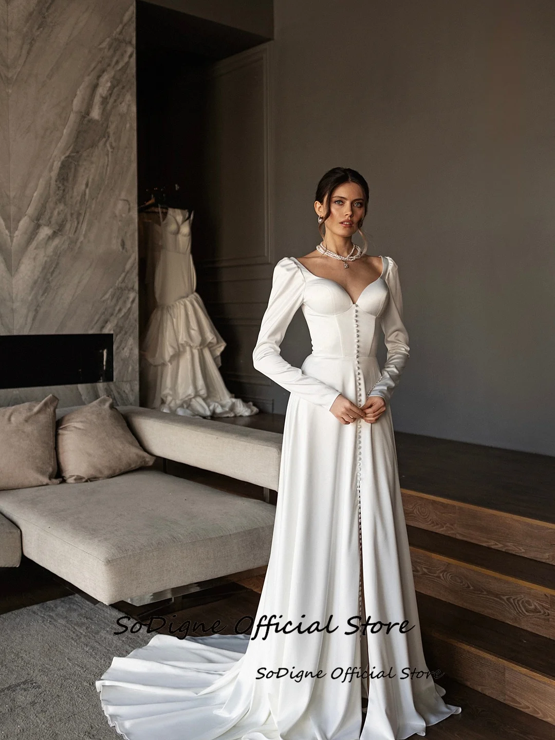 SoDigne A-line Satin Wedding Dresses Full Sleeves Sweetheart Bridal Dress 2026 Long Bride Gown Vestidos De Novia Customized