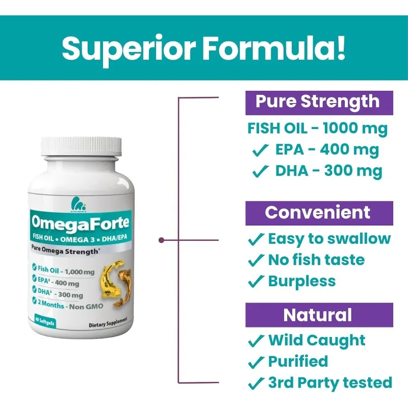 

Omega 3 Fish Oil Supplement, Omega 3 Fish Oil 1000mg, EPA 400mg, DHA 300mg - Eye Health Support 60 capsule
