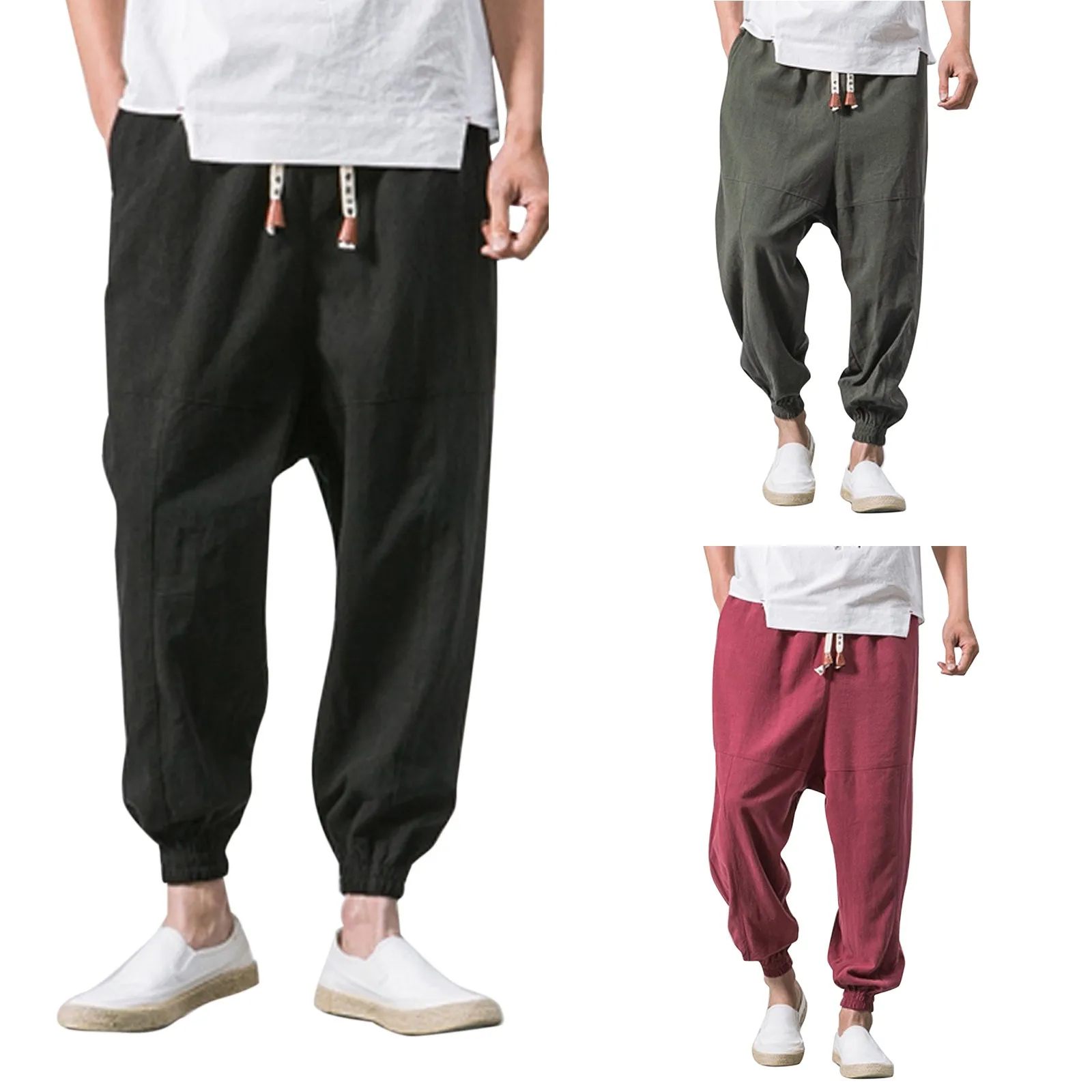 

Men's Solid Colour Cotton Linen Trousers Spring And Summer Loose Casual Long Pants Drawstring Elastic Waist Pockets Trousers