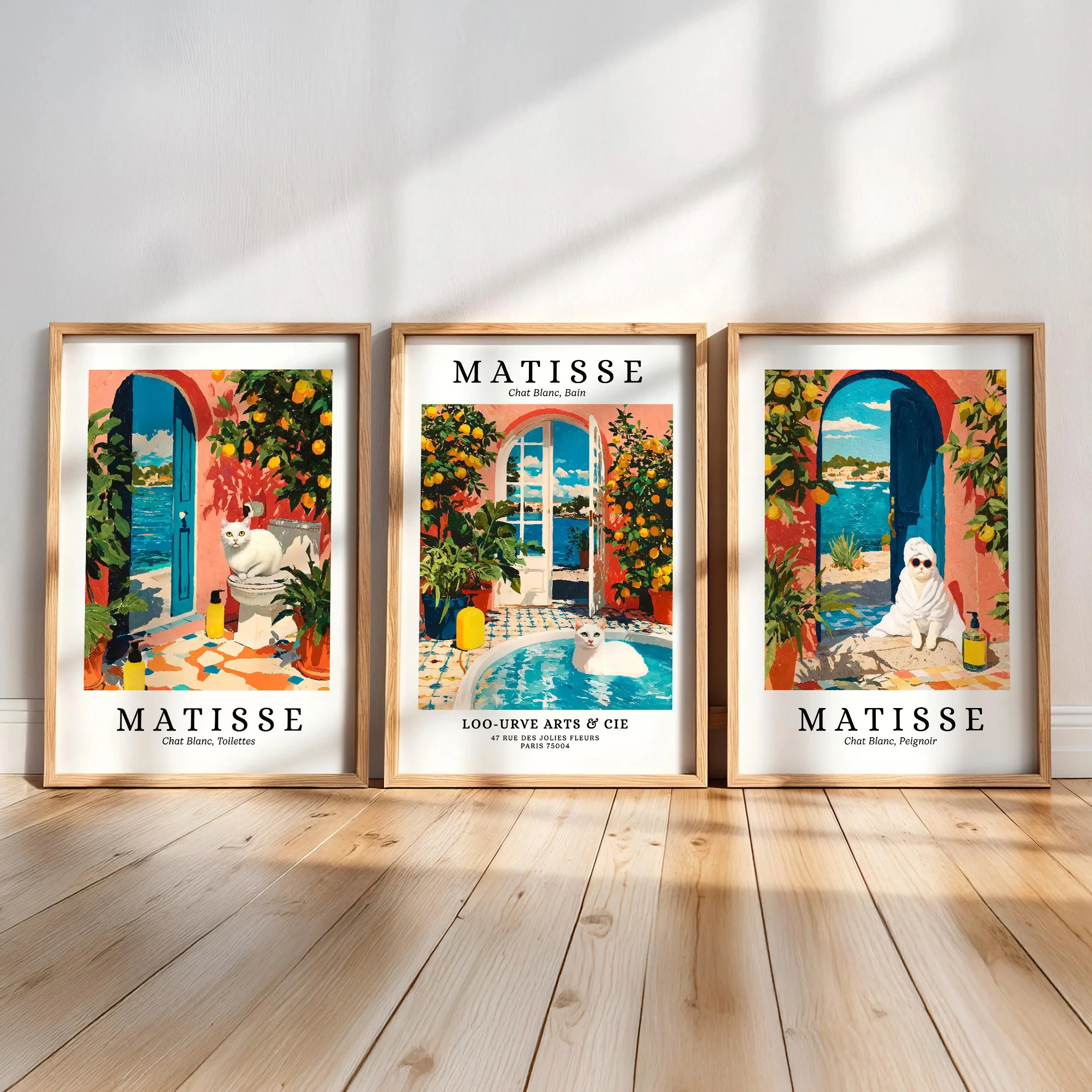 3PCS Large-sized frameless canvas paintings,3Pcs Matisse White Cat Bathroom Wall Art,Mid Century Modern Funny Lemon Tree Coastal