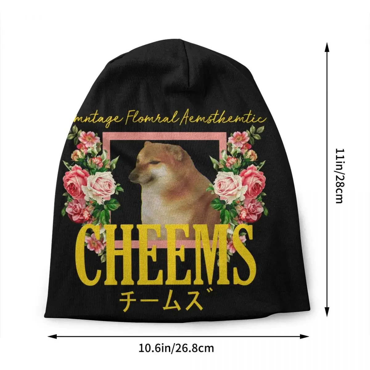 Cheems Vintage Floral Aesthetic Skullies Beanies Caps Unisex Cool Winter Warm Knitted Hat Adult Funny Shiba Inu Meme Bonnet Hats