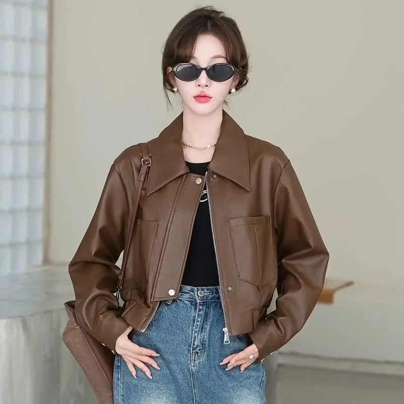 레트로 여성 롱 슬리브 가죽 재킷 2025 여성 숏 PU 가죽 탑 코트 봄 가을 여성 패션 인조 가죽 아우터