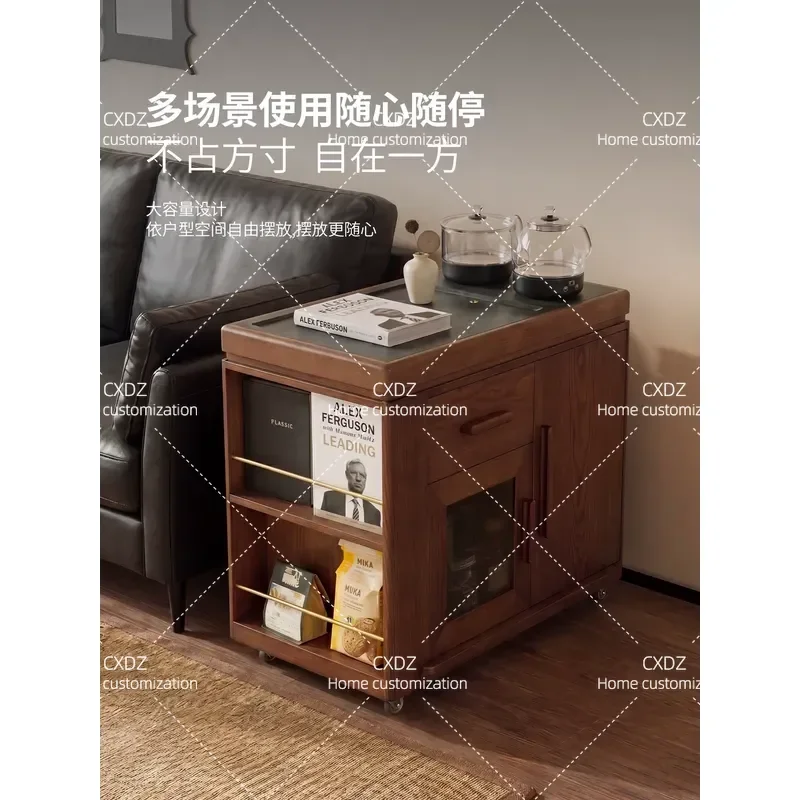 Solid Wood Tea Table Movable Coffee Table for Living Room Balcony Small Apartment Wooden Tea Cart with Wheels Home Furniture