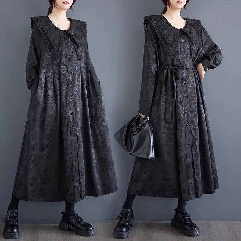 Large Size Women's Clothing 2025 Spring And Autumn New Loose Dark Design Jacquard Dress Double-Layer Collar Fashion Dress a622