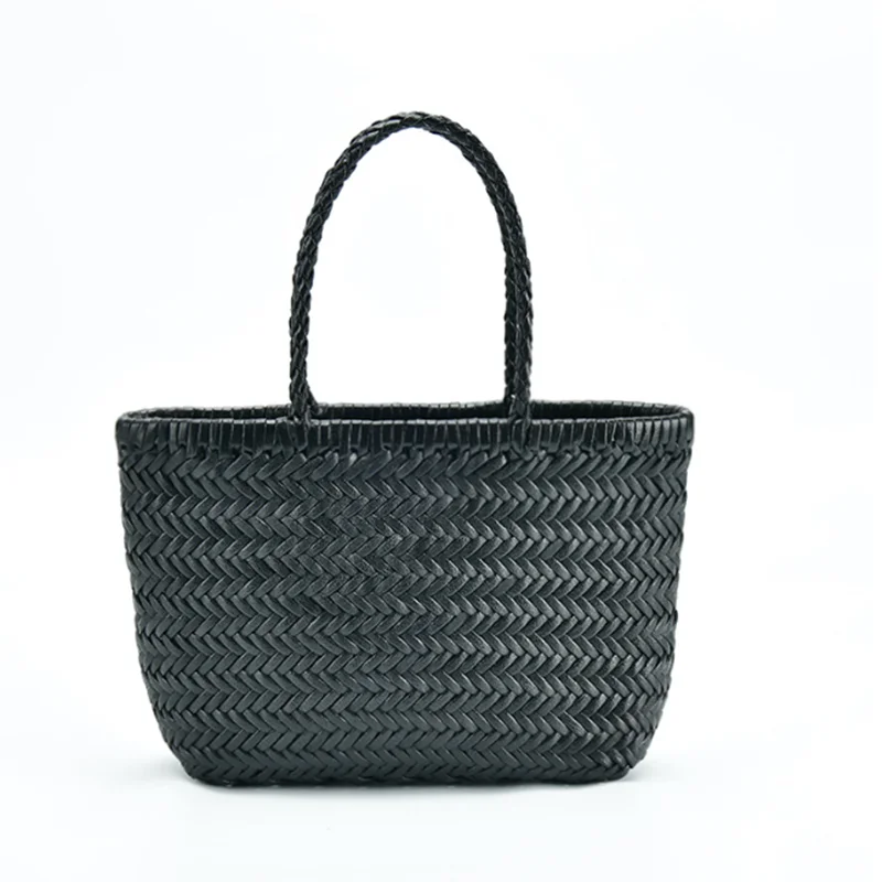 Return to the ancients Weave Genuine Leather Handbag Feminine Handmade Woven Bucket  With Cotton Pockets Shopping Bags