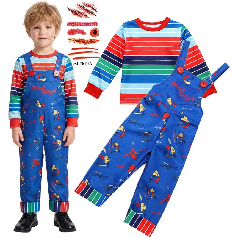 2026 Halloween Chucky Cosplay Long Sleeve T+Jumpsuit Costume Children Pants Dress Jumpsuit Scary Horror Girls Boys Scar Outfits