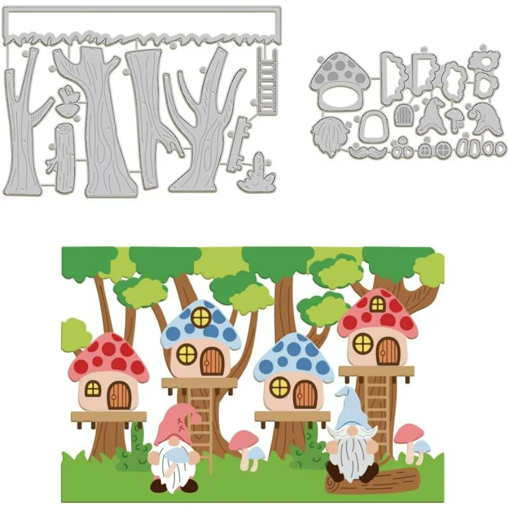 2 Sets Gnomes Tree House Cutting Dies for Card Making Forest Dwarf Carbon Steel Embossing Stencils Template for Decorative