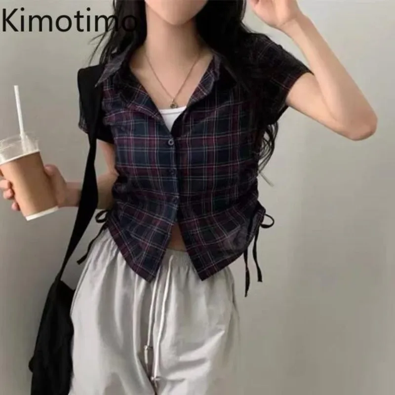 Kimotimo Korean Chic Plaid Short Sleeve Shirt Women Lapel Drawstring Design Sheer Button Blouse Vintage Y2k Aesthetic Crop Top