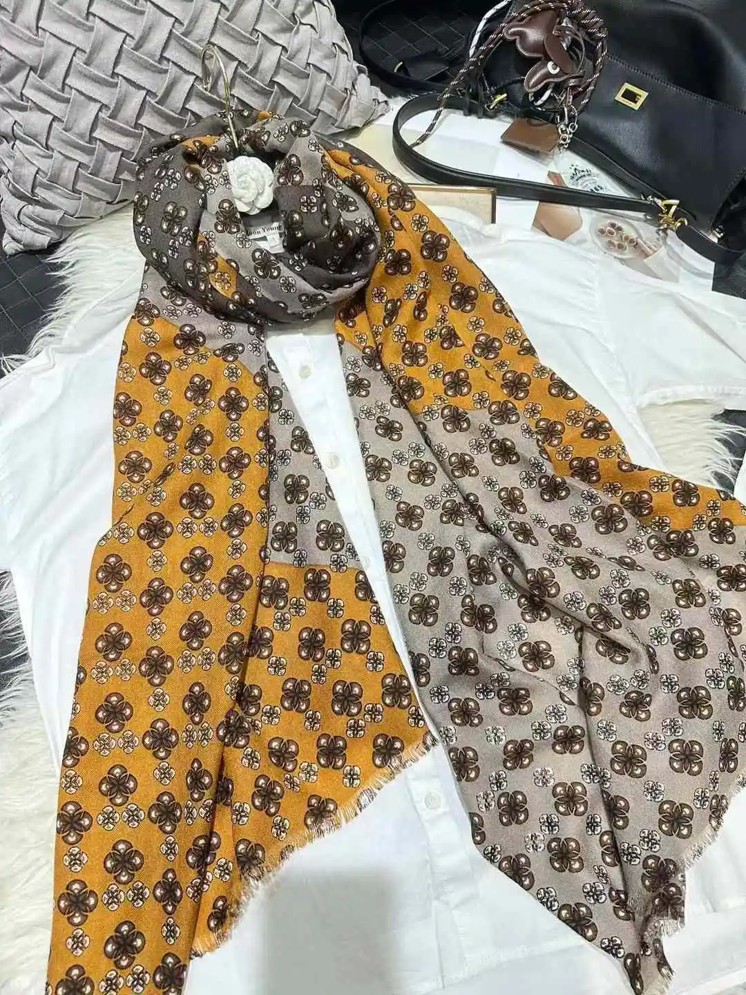 BYSIFA|Grey Yellow 100% Wool Scarves Shawls Pashmina Winter Large Tassel Scarves Wraps Fashion Brand Wool Cashmere Scarf Printed