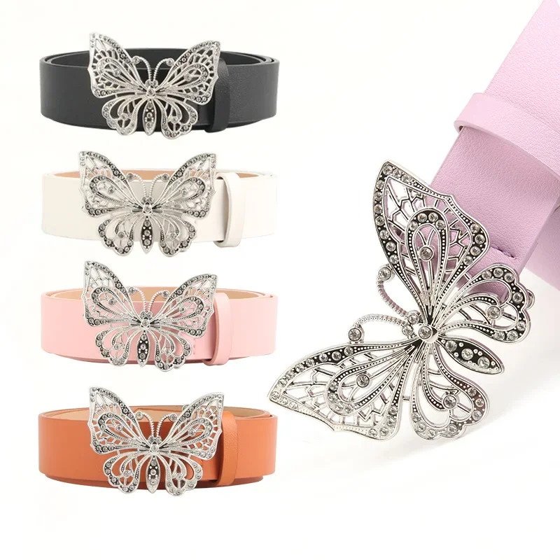 New Unique Butterfly Diamond Belt Women Fashion Metal Buckle Shiny Pu Belts Female Jeans Dress Waistband 2024