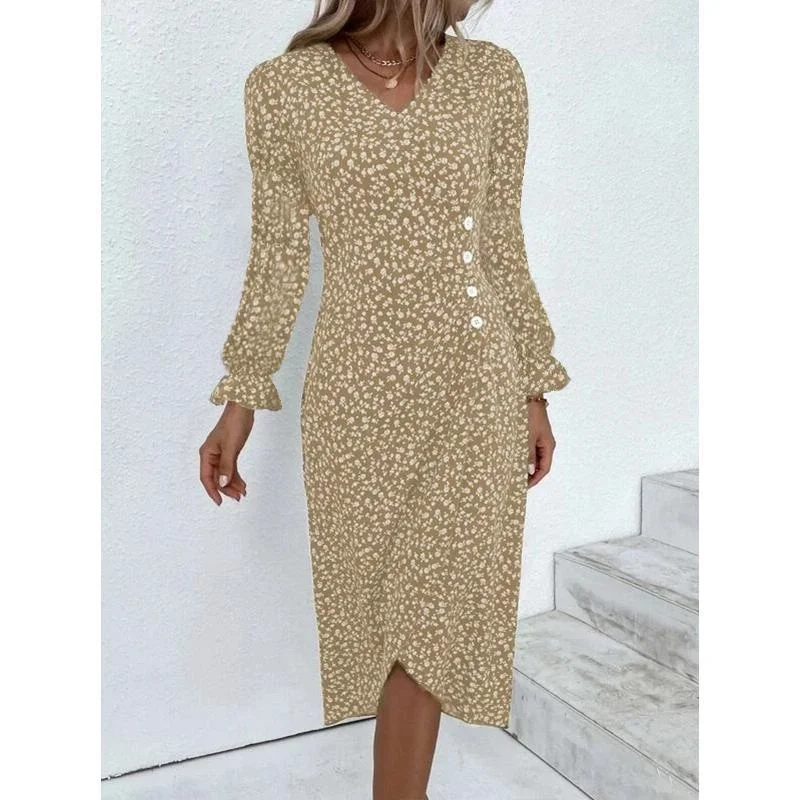 Women's Fall Fashion Fashion Long Sleeve Elegant Point Print Puffed Sleeve V-neck Slim Sexy Party Hem Irregular Dress