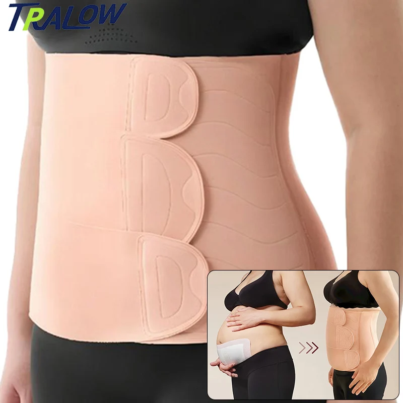 TRALOW Postpartum Abdominal Binder C-Section Recovery Belt Ergonomic Back Support,3-Stage Adjustable Waist Trimmer for Women
