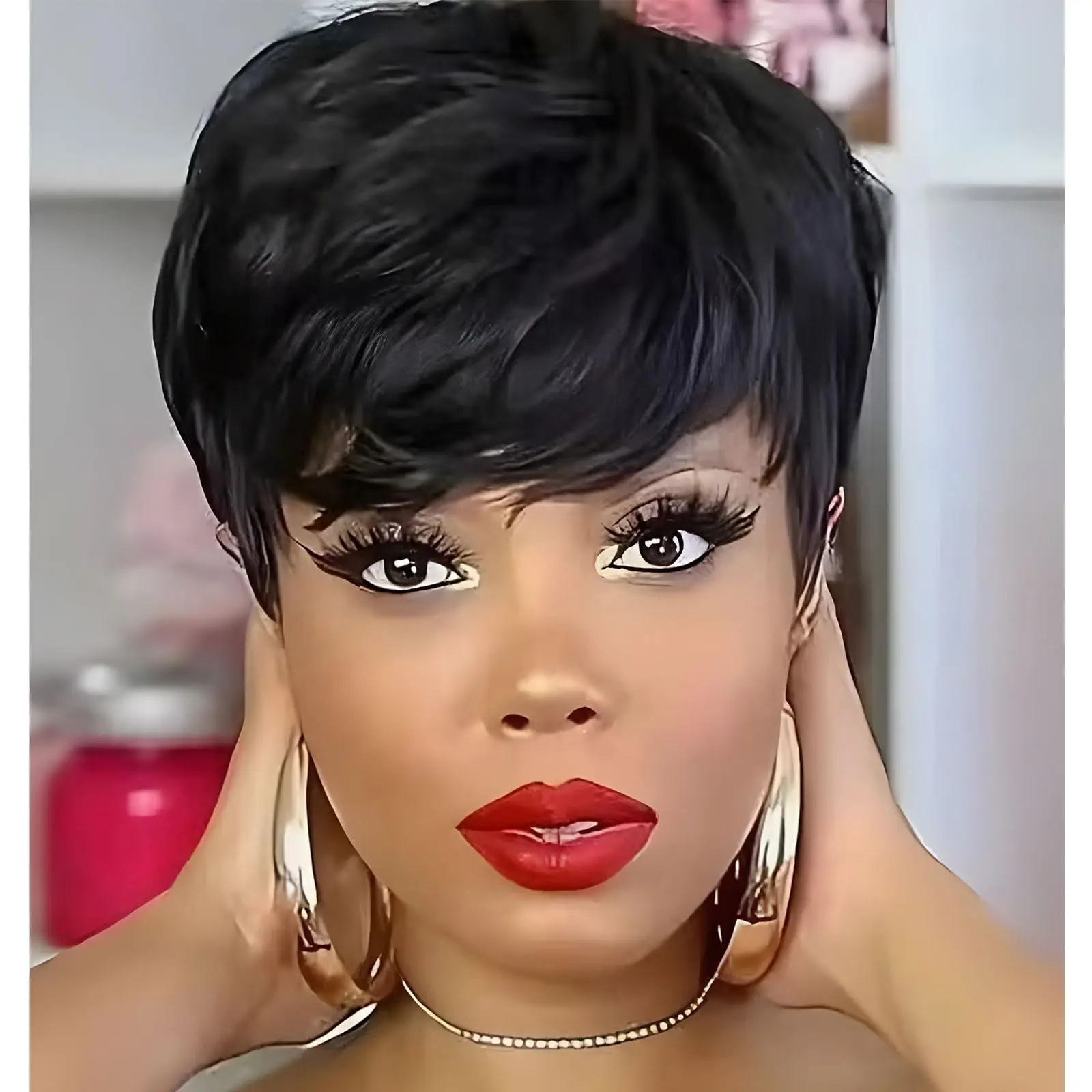 Short Human Hair Wigs for Black Women Shore Pixie Cut Wig with Bangs Remy Human Hair Machine Made Wigs for Daily Use