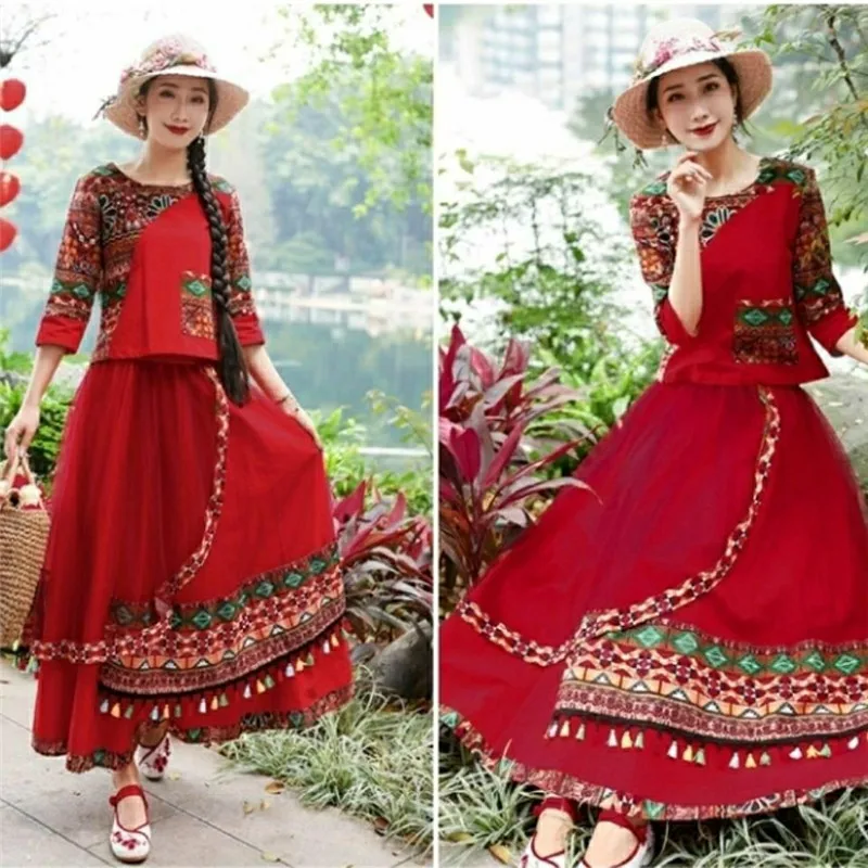 Ensemble deux pièces ethnique en coton et lin, T-shirt imprimé et jupe ter pour voyage, Photoaphy, Silhouette trapèze