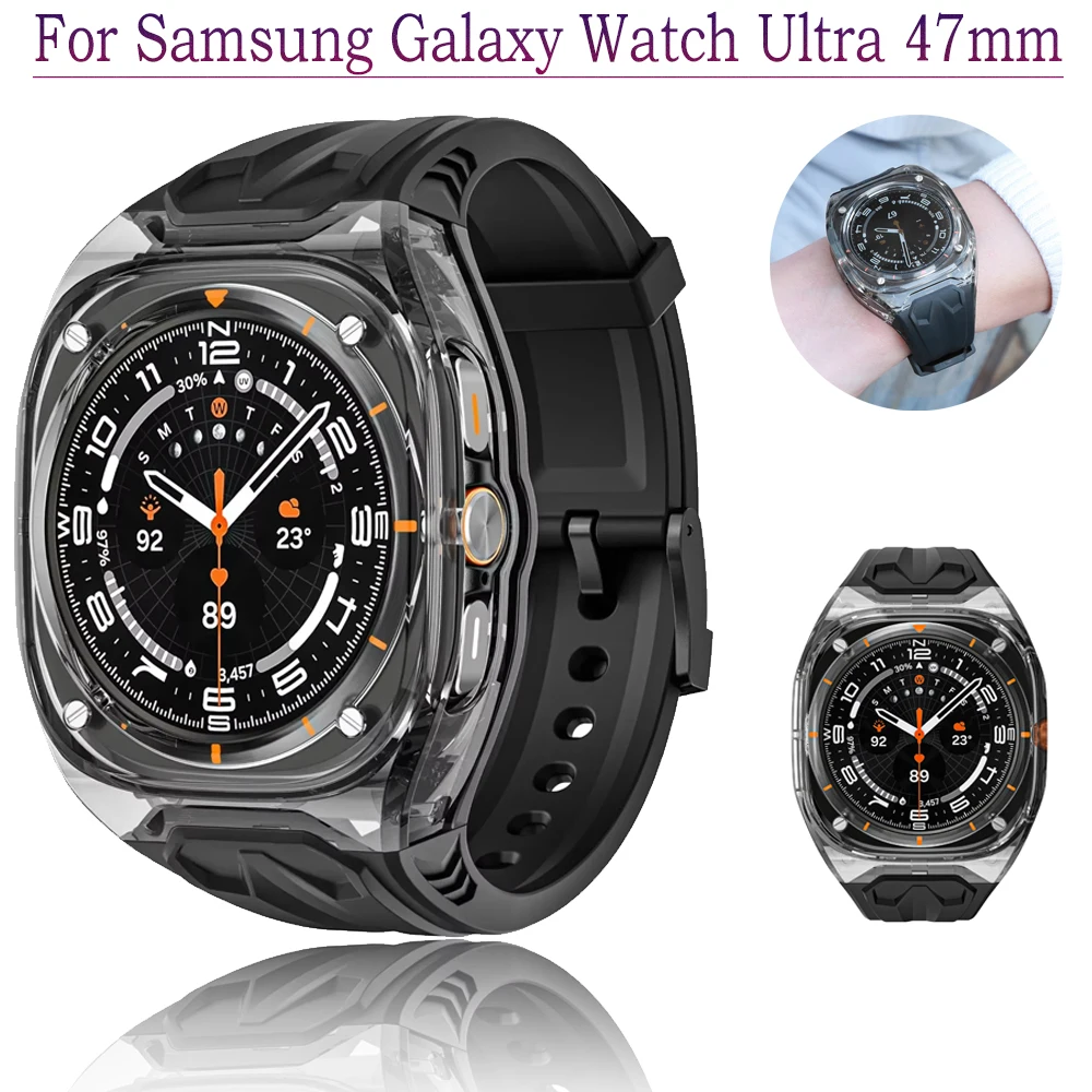 Bracelet en fluororubber haut de gamme + boîtier pour Samsung Galaxy Watch Ultra 47 mm, bracelet anti-chute pour Galaxy Watch Ultra 2025