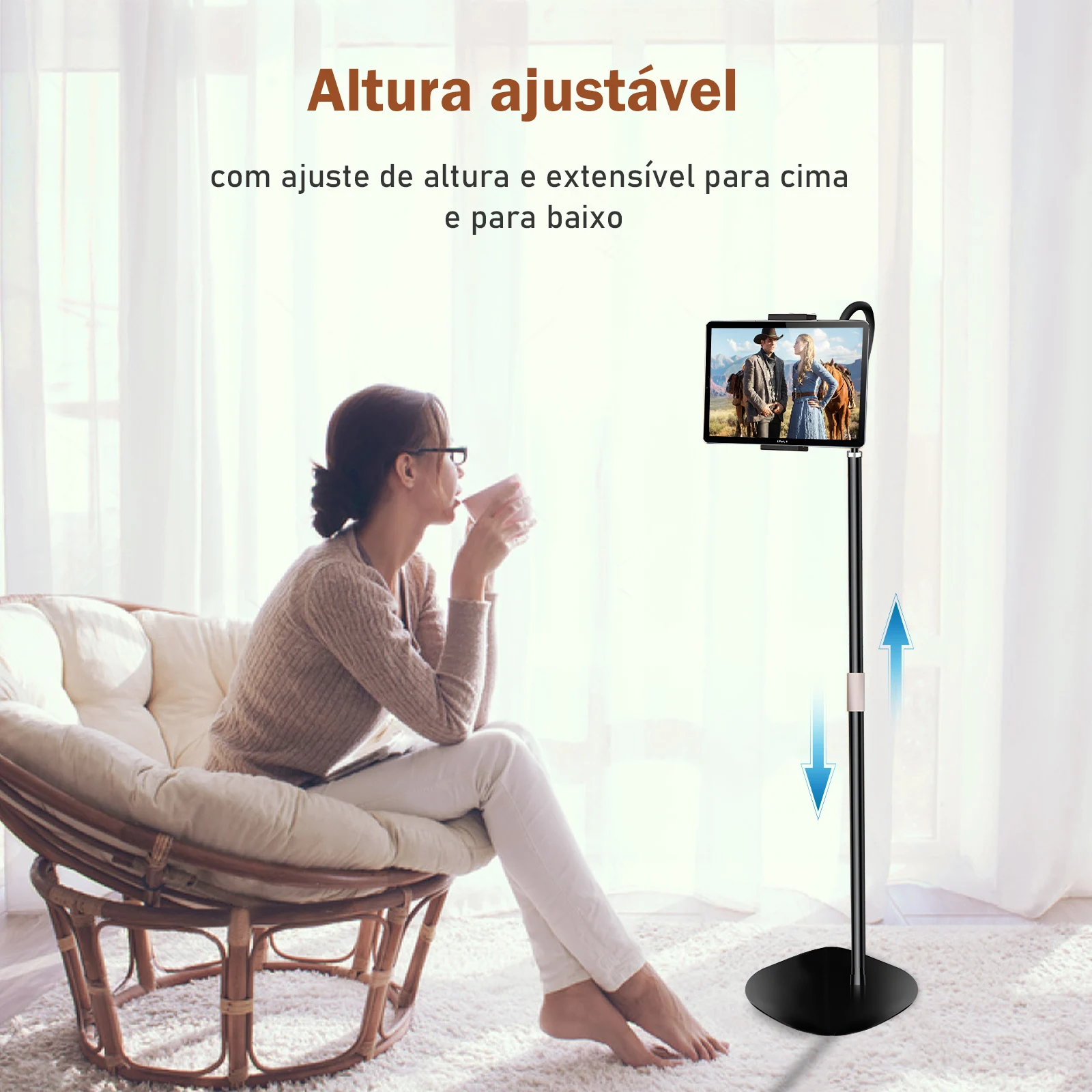Adjustable Mobile Phone and Tablet Stand with 360 ° Rotation, Stable Base and Maximum Extension, 150cm Coibeu, Black