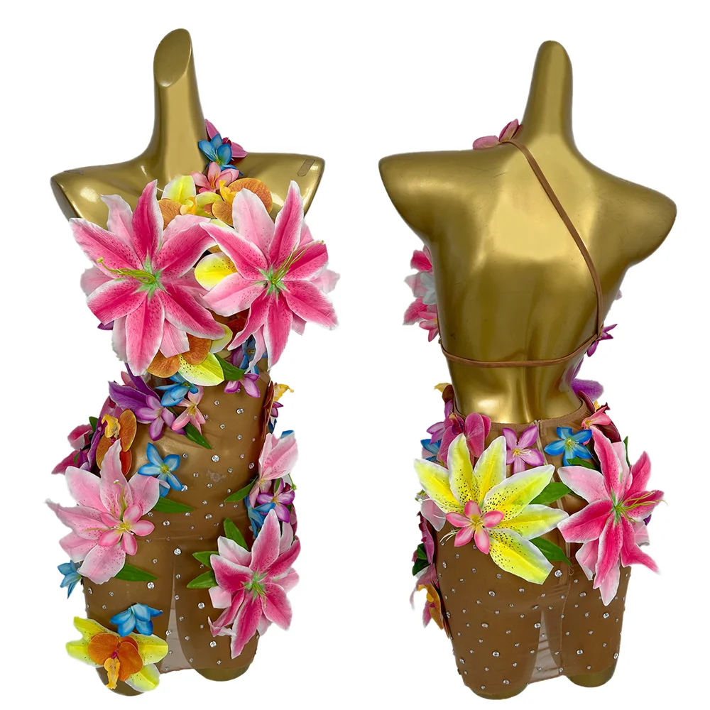 

Sexy Flower Rhinestone Night Club Mini Dress Women Mesh Hollow Out Beach Holiday Party Cocktail Sheath Dress Show Dance Costumes