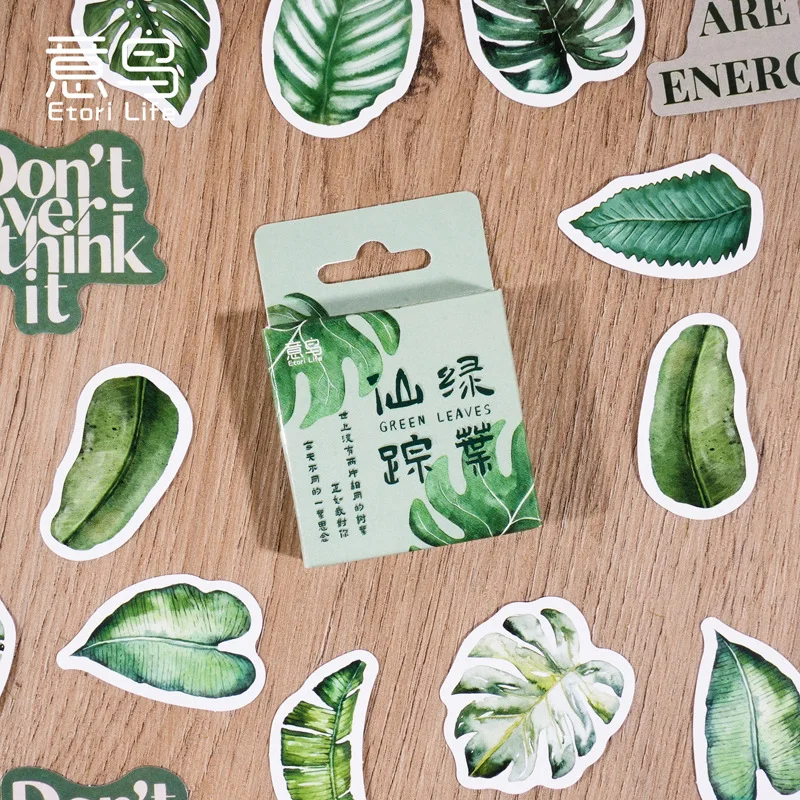 46Pcs Boxed Green Leaf Stickers Plant Pattern Self-Adhesive Scrapbook Decorative Sealing Stickers