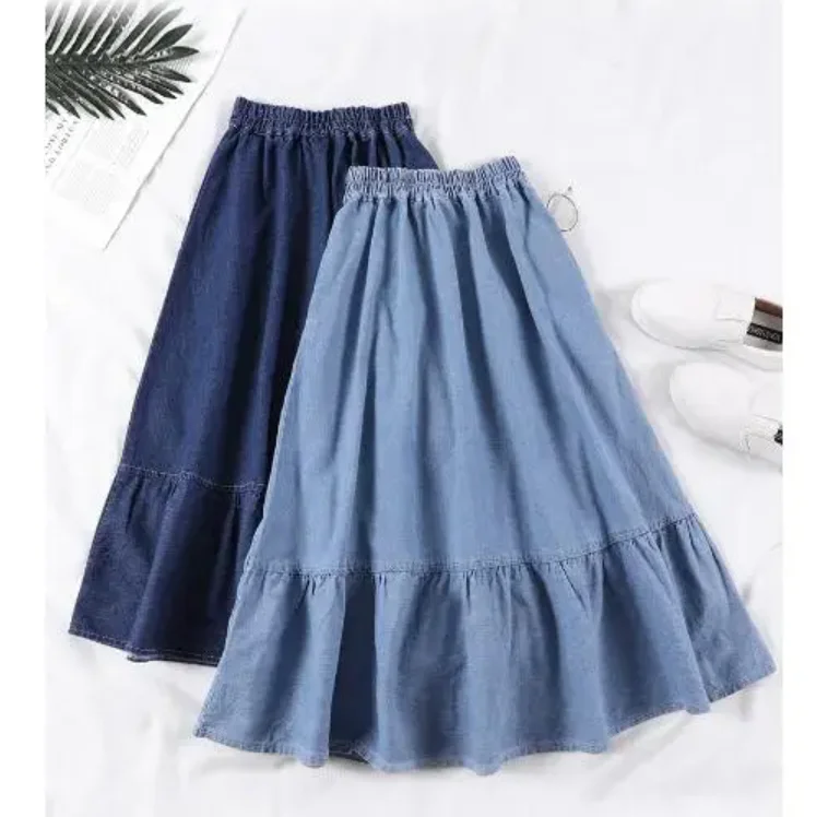1pcs/lot  Female A-Line Long Denim Skirt Women casual elastic waist Jeans Skirts Dark Blue,Light Blue Plus size
