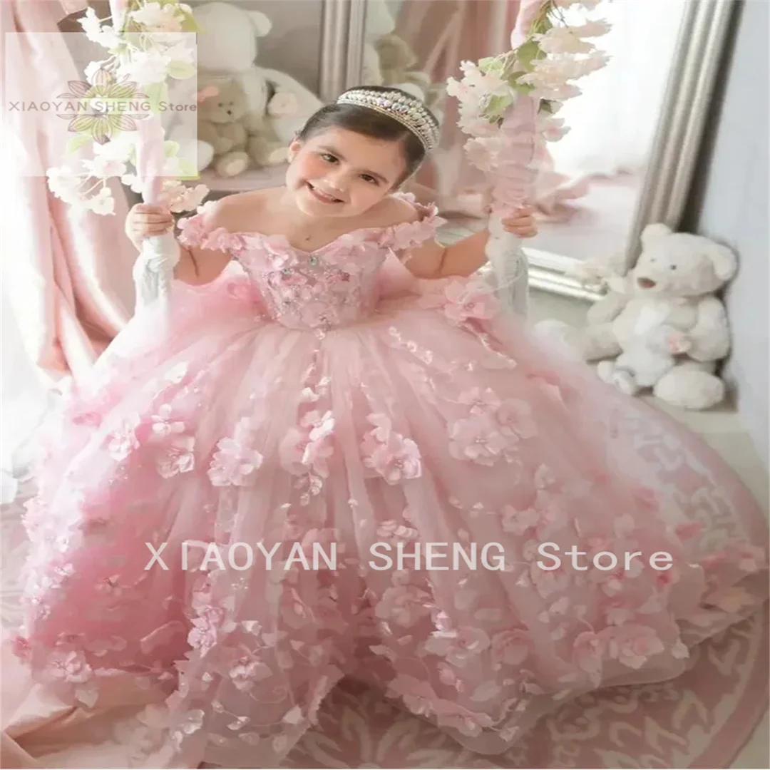 Robe de fille de fleur d'applique 3D pour le mariage, perles luxueuses, tulle, chariste, fête d'anniversaire, enfant, premier