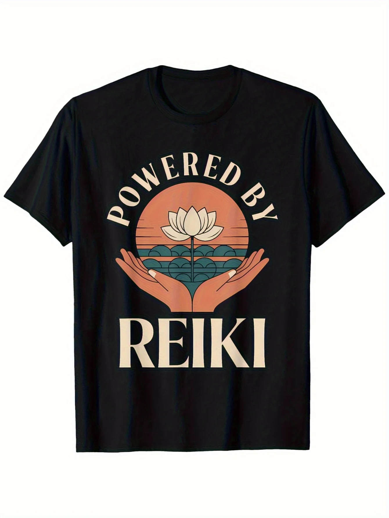 1pc Breathed by Reiki Master Men's T-Shirt - Black Geometric Reiki Symbol & for Lotus Hand Print, Soft Breathable Stretch Fabric