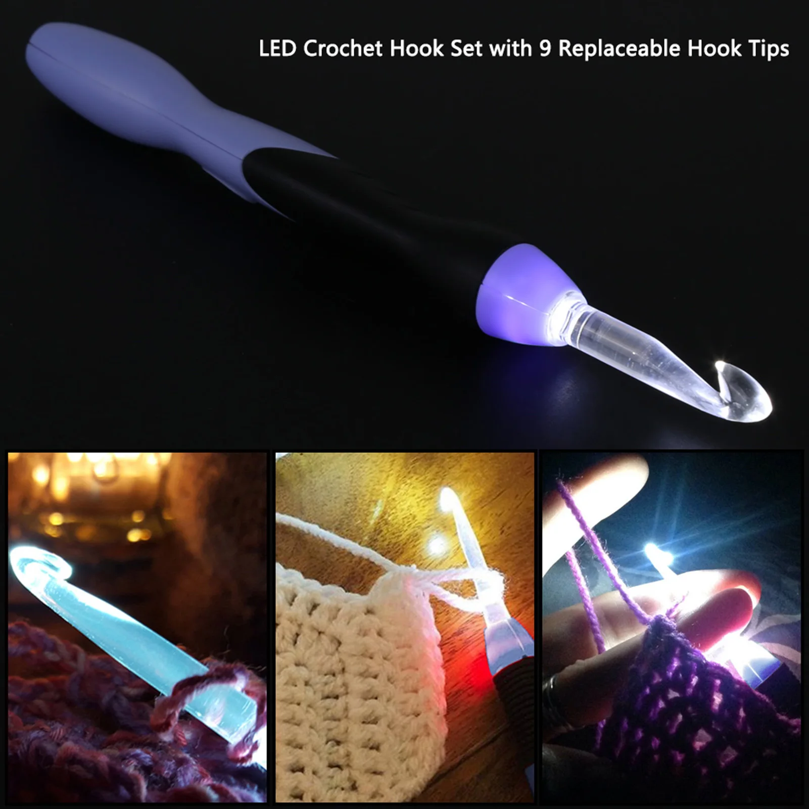 USB Recarregável LED Light Up Crochet Hook Set, Ferramenta de tricô com pontas substituíveis, 2.5-6.5mm